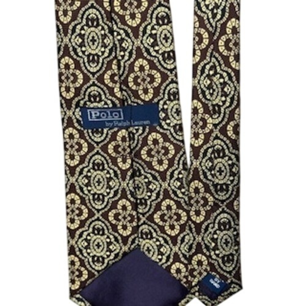 Polo Ralph Lauren Silk Necktie Brown Gold Medallion 4 Inch Wide